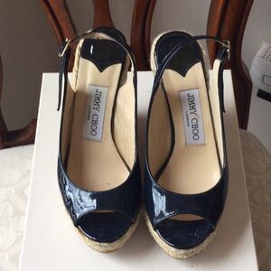 Like new Jimmy Choo wedge sandals navy blue patent leather size 5